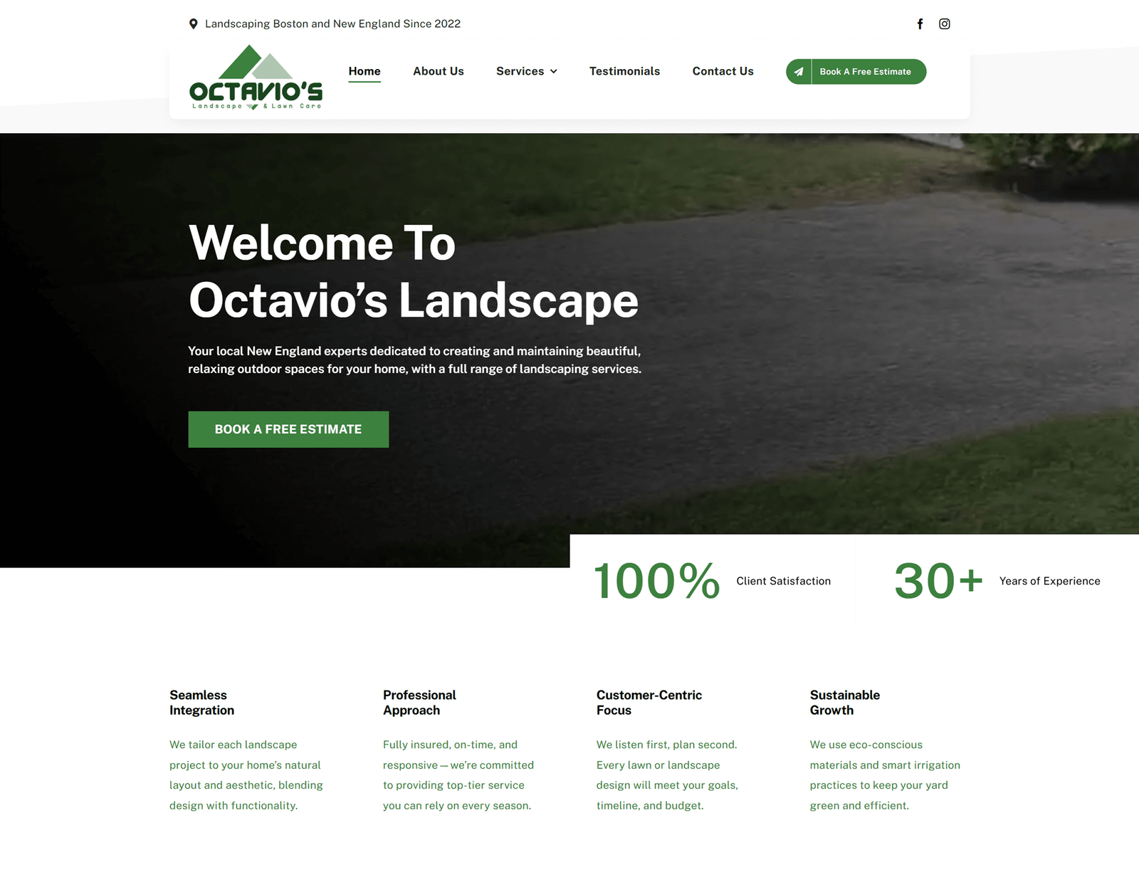 A screenshot of Octavio's Landscape's website